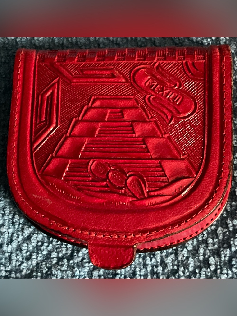 Red Hand Tooled Embossed Leather Coin Purse Pouch Mexico Vintage